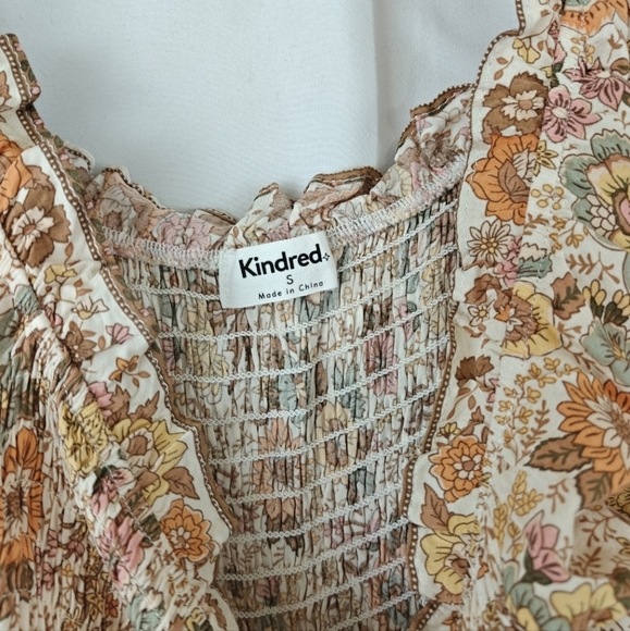 Anthropologie Kindred Shirred Puff Sleeves Midi Dress In Cream Floral Print Sz S - Picture 8 of 9